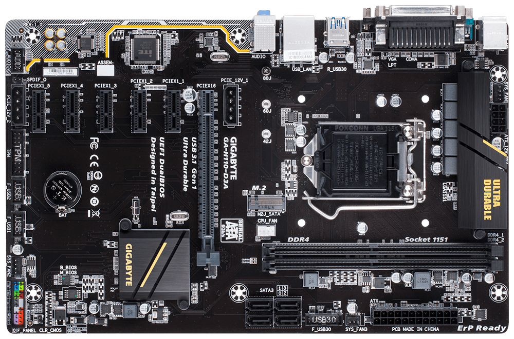 Bảng mạch chủ Gigabyte H110-D3A: Intel H110 SK1151/2xDDR4/1*PCI-e x 16+5*PCI-e/1*M.2/LAN1000/D-sub