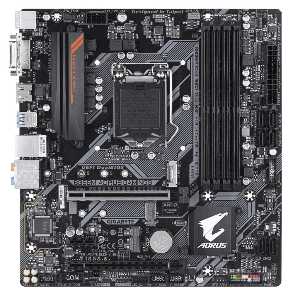 Bo mạch chủ Giga B360M-AORUS-GAMING3 : chipset B360 LGA1151/4xDDR4 2133 max 32GB/1*PCIE x16 + 2*PCIE/6*SATA3 6Gb/s/M.2/HDMI,DVI