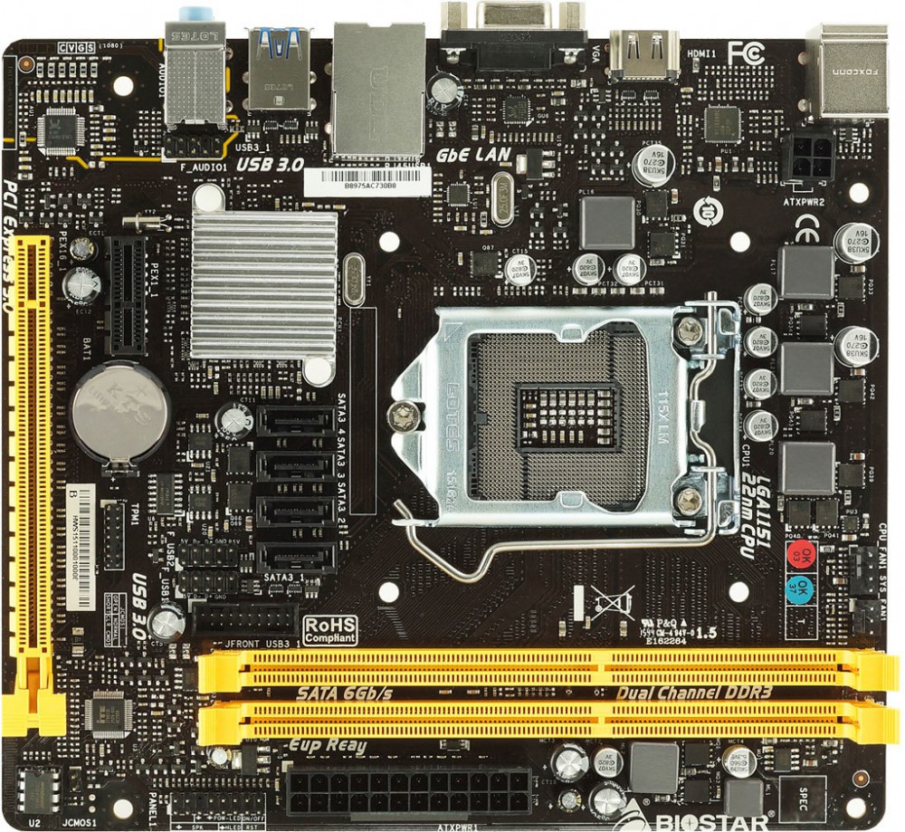Bảng mạch chủ Biostar H110MHV3 - Intel H110/2*DDR3 1600Mhz/4*SATA3/1*PCI-e x16+1*PCI-e x1/LAN 1000/VGA, HDMI/Micro ATX