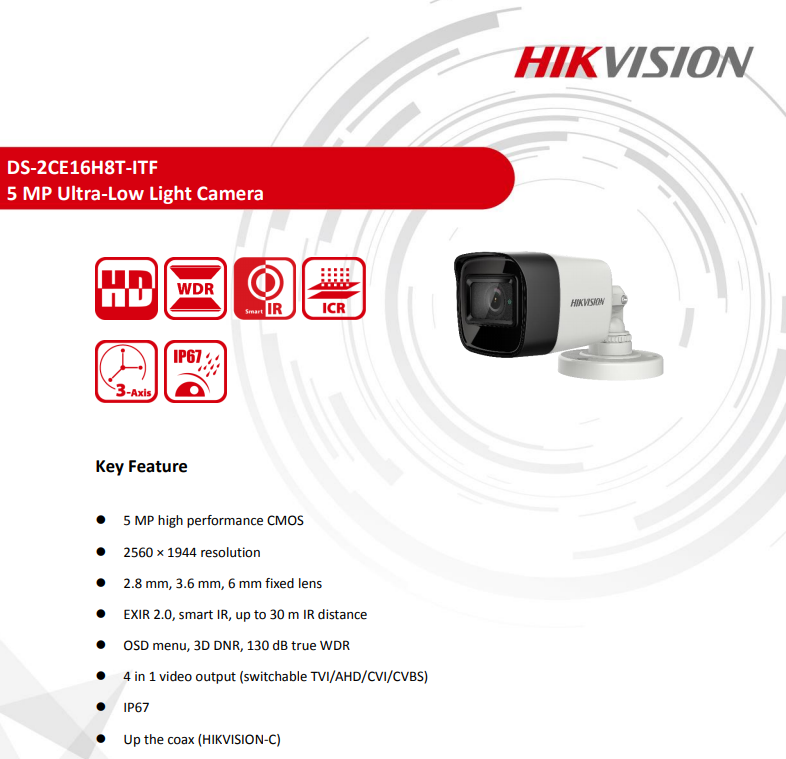 Camera HD-TVI thân trụ HikVision DS-2CE16H8T-ITF - 5MP; OSD; True WDR; chống ngược sáng; Ultra Low Light; hồng ngoại 20m