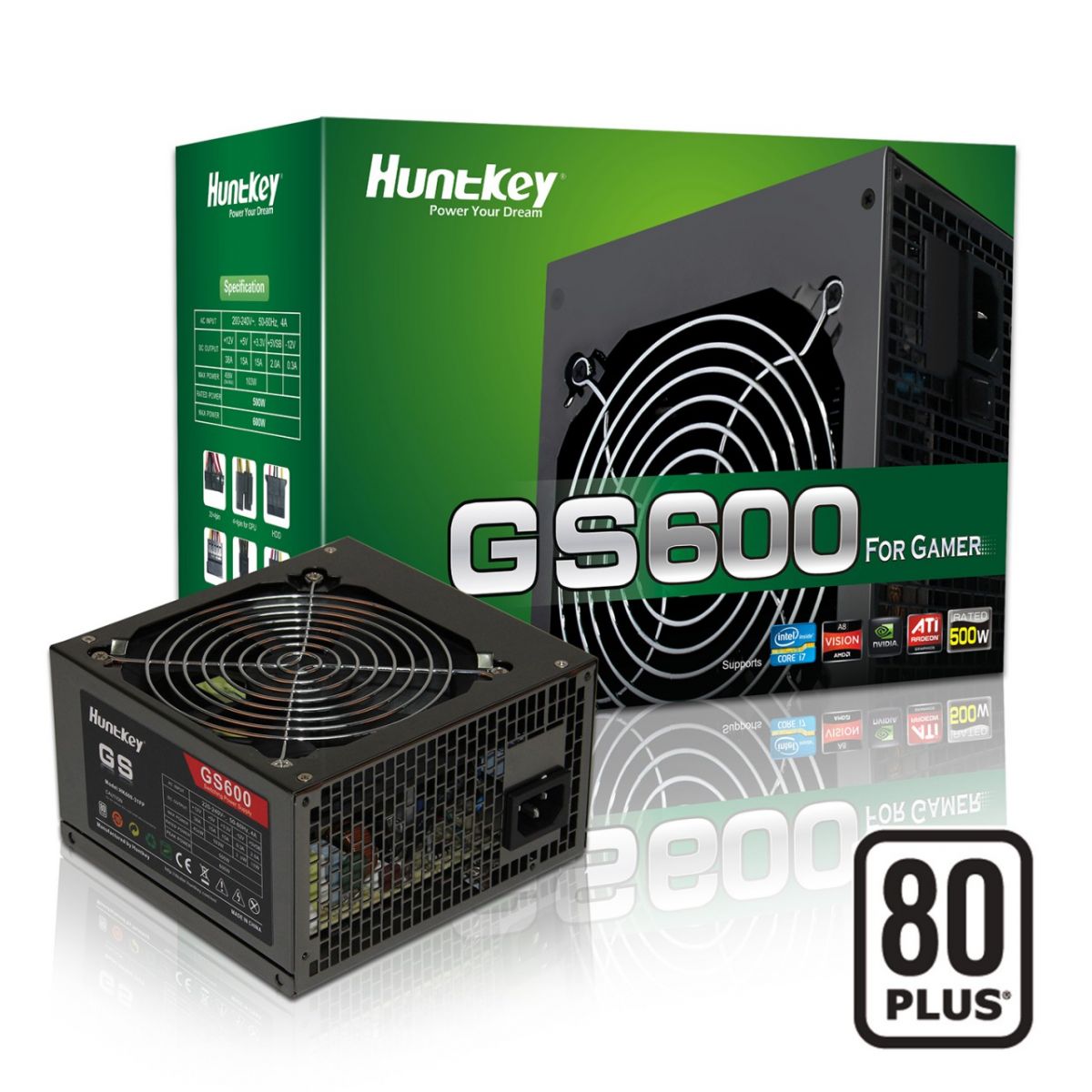 Nguồn Huntkey GS600 - 500W 80 Plus 3*SATA + 3*ATA + 1*6pin PCI-E + 1*8(6+2)pin PCI-E, AFPC, Fan12